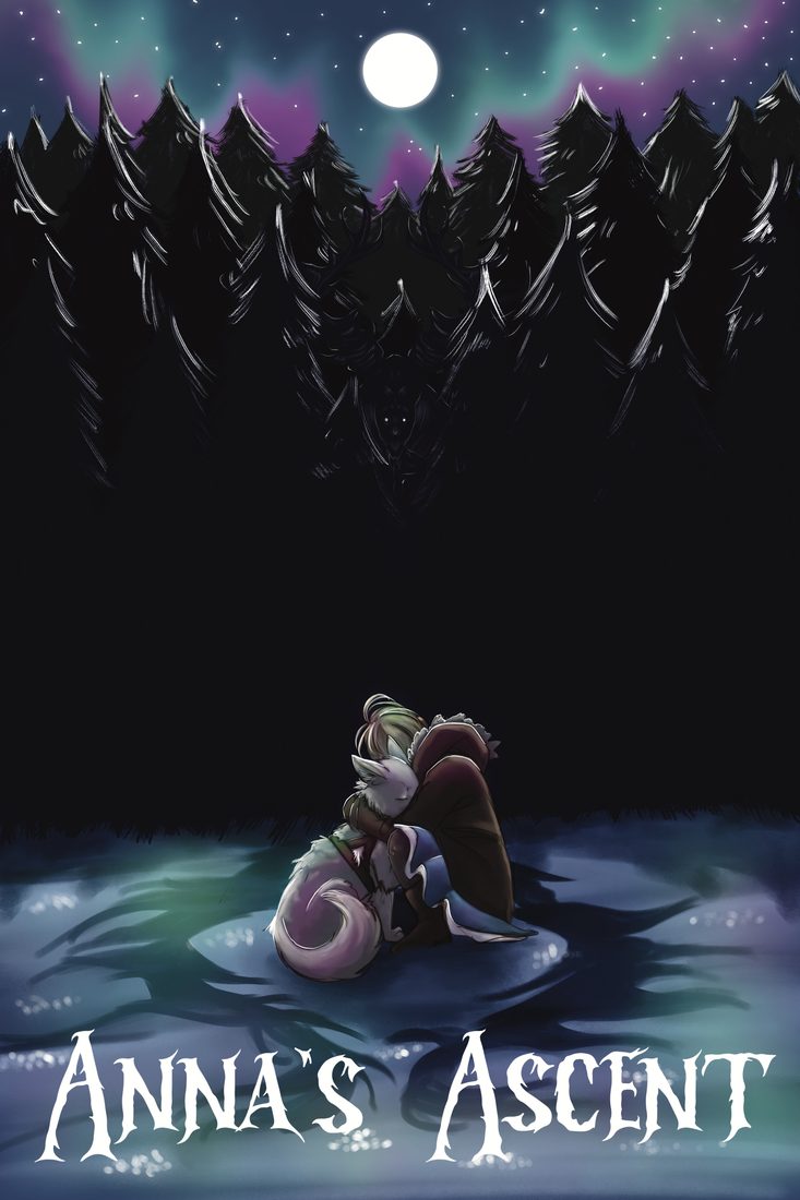Anna's Ascent key art: a girl hugging her white sled dog on the snow under an aurora, a shadowed antlered creature hiding in the dark forest above.