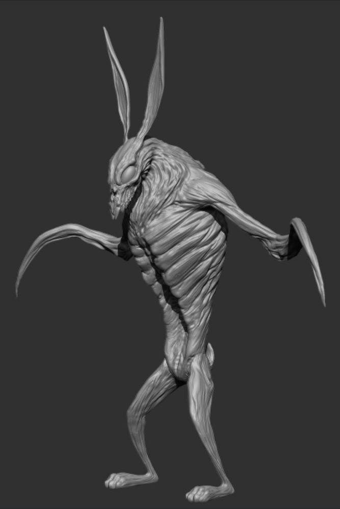 ZBrush sculpt of a gaunt rabbit-headed creature with scythe-like arms, side view.