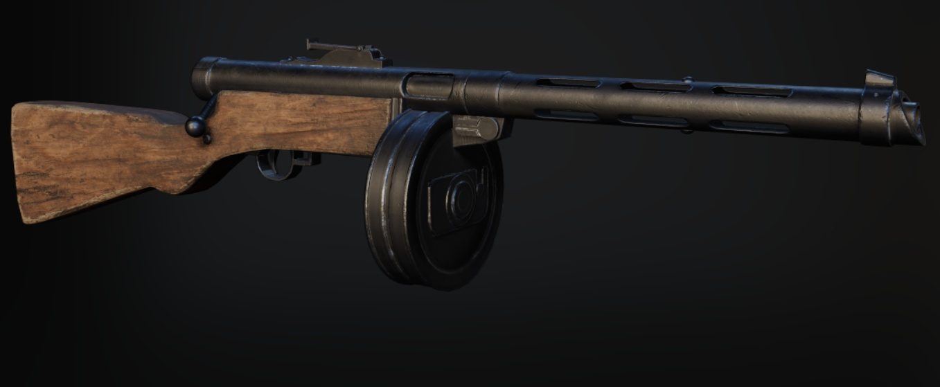 Rendered 1940s submachine gun with a wooden stock and drum magazine.