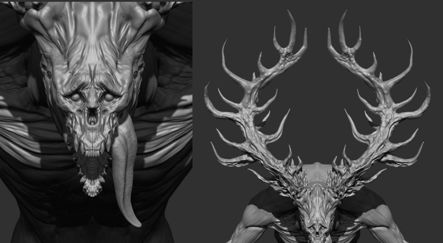 Close-ups of the antlered creature: skull-like face with a long tongue, and branching antlers.