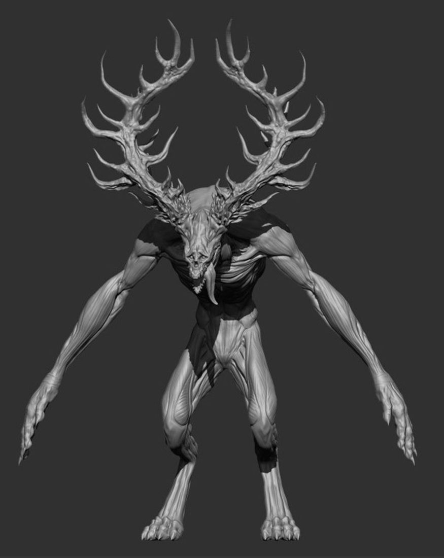 ZBrush sculpt of an antlered, long-armed creature with a skull face.