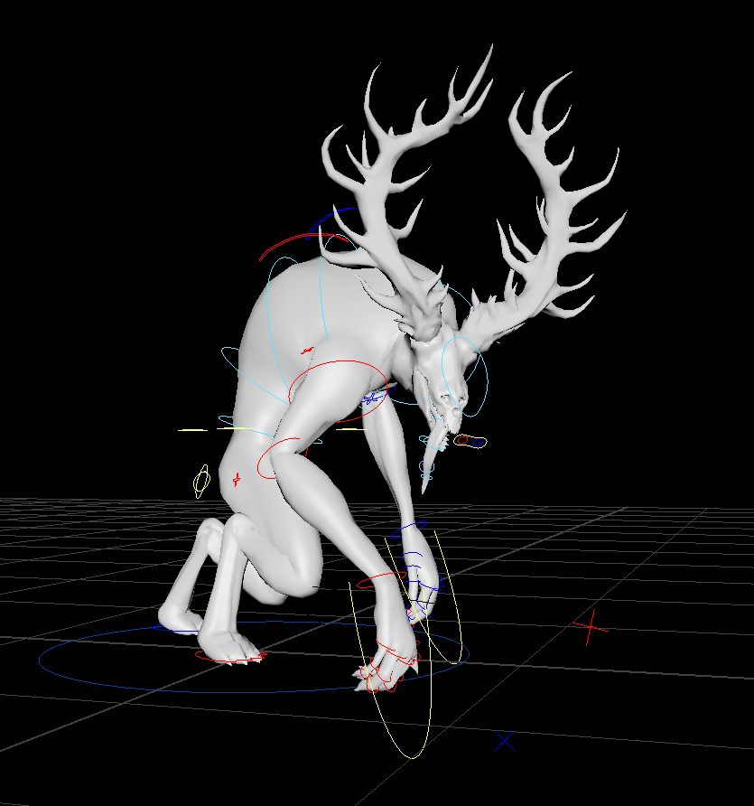 Rigged antlered creature in a stalking pose with animation controls visible.
